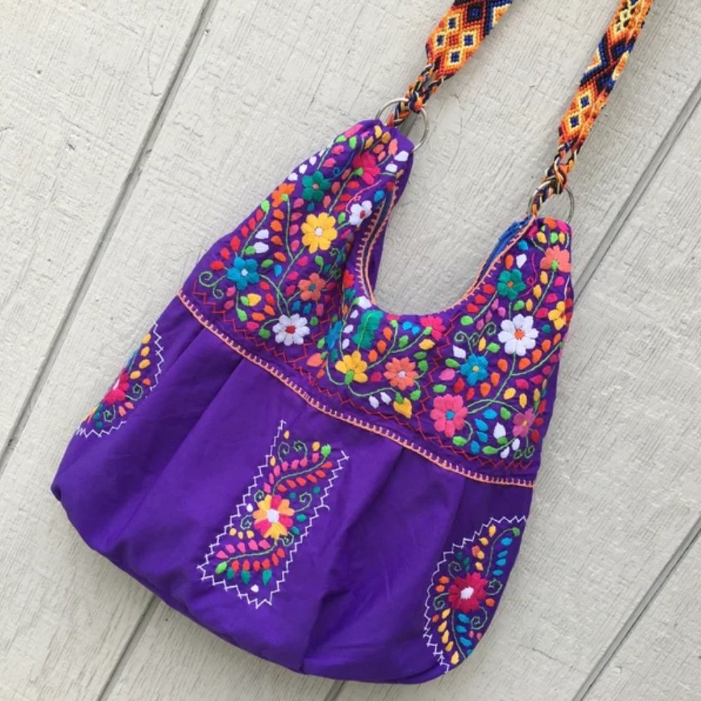 Handmade Floral Embroidered Mexican Satchel Morral Bag - Bolsa Bordada Mexicana